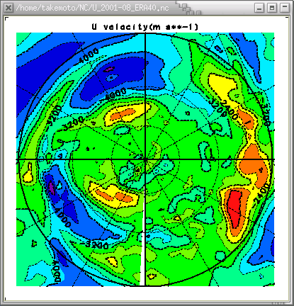 ポーラーステレオ図法, 2001年8月の東西風(気圧=1000mb)